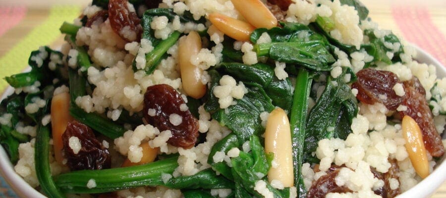 Spinach with Cous Cous, Pine Nuts & Sultanas